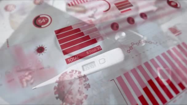 Animatie Van Medische Statistieken Opnemen Covid Cellen Digitale Thermometer Vallen — Stockvideo