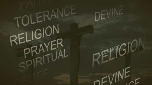 Animation Der Wörter Religion Spiritualität Glaube Toleranz Über Drei Christlichen — Stockvideo