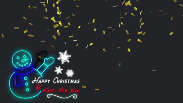 Анимация Текста Рождеством Новым Годом Неоновым Снеговиком Золотыми Конфетти Падающими — стоковое видео