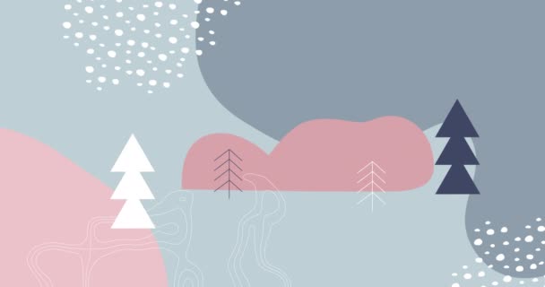 複数の木と冬の風景のアニメーション 白い斑点が灰色の背景に移動します クリスマスシーズンのお祭りのコンセプトデジタル生成された画像 — ストック動画