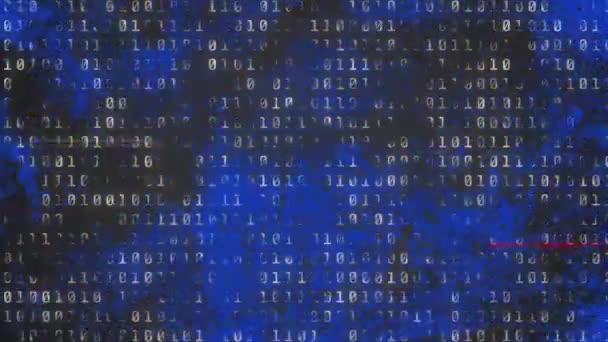 Animation der Datenverarbeitung im Binärcode mit blinkenden Linien der Statik und Interferenz auf einem beweglichen, blau strukturierten Hintergrund. Computerkodierungskonzept digital generiertes Bild