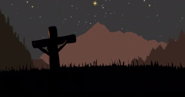 Animación Cruz Cristiana Sobre Paisaje Por Noche Con Montañas Estrellas — Vídeos de Stock
