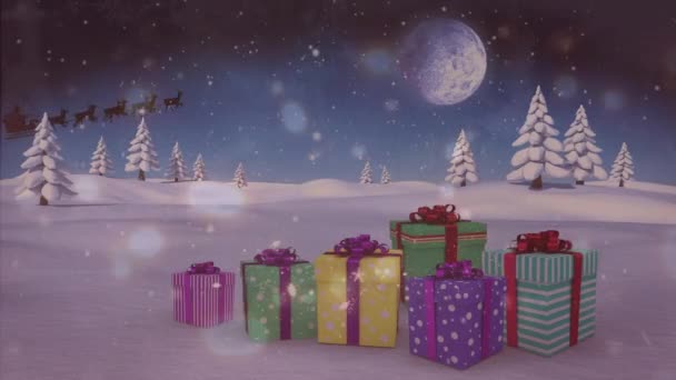 Animation Black Silhouette Santa Claus Sleigh Being Pulled Reindeers Snowflakes — Stock Video