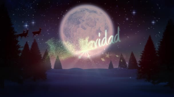 Animação Feliz Navidad Com Lua Cheia Silhueta Papai Noel Trenó — Vídeo de Stock