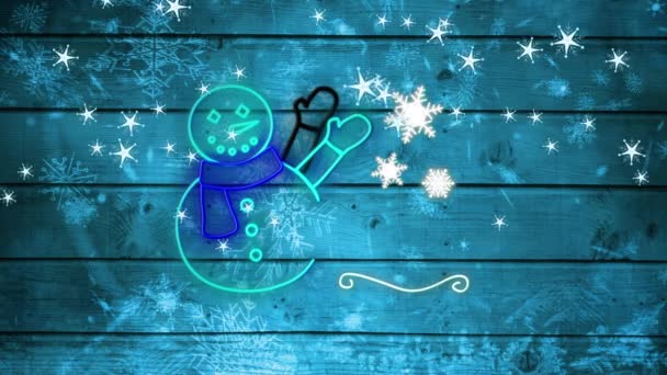 Animacja Neonowych Błyskających Bałwanów Śniegu Spadającego Niebieskie Drewniane Deski Boże — Wideo stockowe