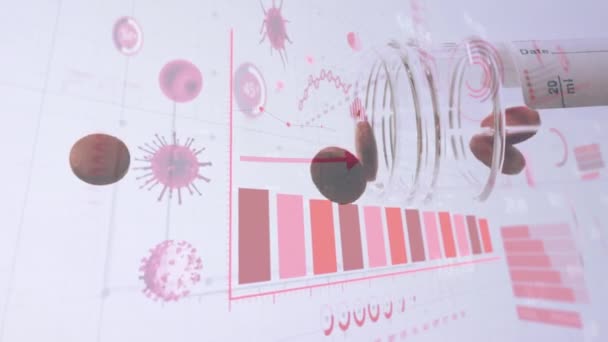 애니메이션 Covid 세포와 그릇에서 떨어지는 알약과 Global Coronavirus Covid Pandemic — 비디오