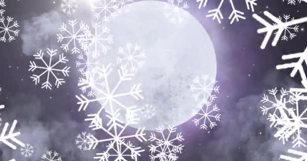 背景に複数の雪片が落下し満月と冬の風景のアニメーション クリスマスの祝祭の伝統の概念デジタル生成されたイメージ — ストック動画