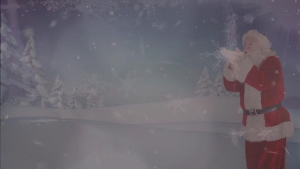 Animation Seasons Greetings Text Winter Scenery Multiple Snowflakes Falling Santa — Stock Video