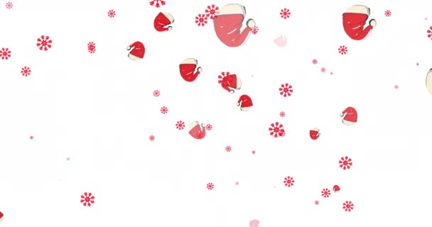 多个红色雪花和圣诞帽的动画在白色背景上形成无缝循环 圣诞佳节的概念数字生成的图像 — 图库视频影像