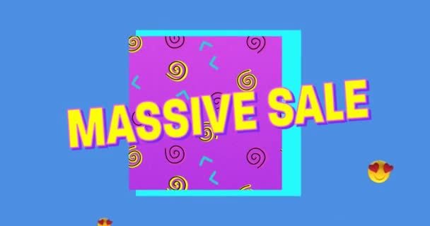 Анимация Текста Massive Sale Фиолетовом Квадрате Геометрических Фигурах Красными Эмодзи — стоковое видео