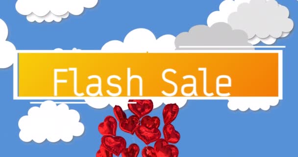 Animatie Van Flash Sale Tekst Gele Banner Tegen Rode Hartballonnen — Stockvideo