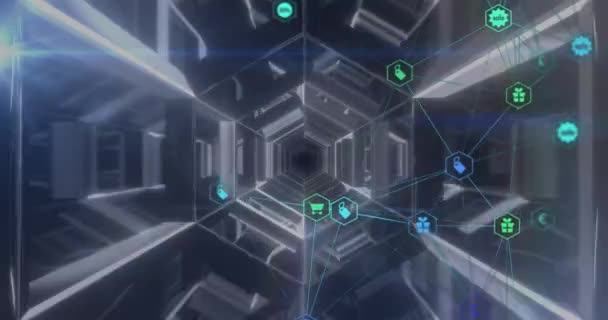 Animação Interface Digital Com Rede Conexões Ícones Túnel Brilhante Tecnologia — Vídeo de Stock