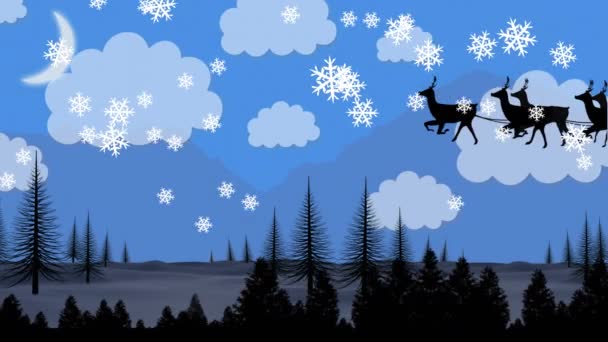 雪片飘落的驯鹿拉着雪橇上的圣诞老人的黑色轮廓 蓝色背景上的冷杉树拉着乡间的景象 圣诞佳节的概念 — 图库视频影像