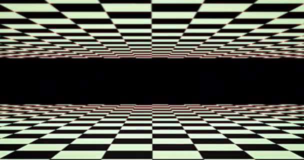 动画视频游戏屏幕与网格的黑白方格线移动的黑色背景 彩色光运动概念数字生成的图像 — 图库视频影像