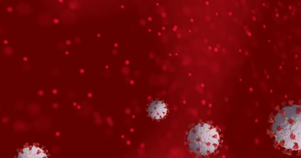 赤色の粒子とコロナウイルス細胞が赤色の背景で回転する3D Dna鎖のアニメーション グローバル医療 Covid 19パンデミック科学コンセプトデジタルで生成された画像 — ストック動画