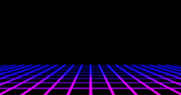 动画视频游戏屏幕与粉色到紫色发光网格线移动的黑色背景 彩色光运动概念数字生成的图像 — 图库视频影像