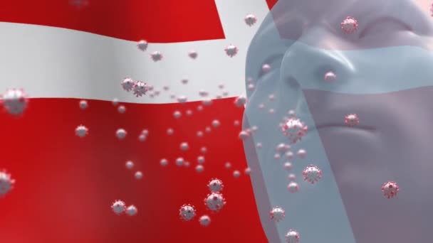 Анімація Данського Прапора Розмахує Макроклітинами Covid Плаваючою Моделлю Голови Людини — стокове відео