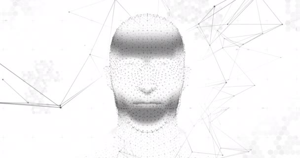 Animacja Szarego Świecącego Ludzkiego Modelu Głowy Siecią Połączeń Przetwarzania Danych — Wideo stockowe