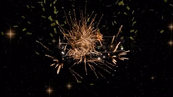 Animáció Boldog Karácsonyt Szöveg Ünnepségek Tűzijáték Arany Konfetti Alá Karácsonyi — Stock videók