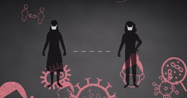 Animazione Persone Che Mantengono Distanza Con Cellule Virili Volti Coperti — Video Stock