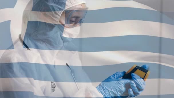 Animáció Görög Zászló Lengett Felett Kaukázusi Női Tudós Visel Védő — Stock videók