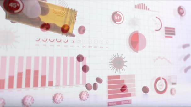 Animation Covid Cells Statistics Showing Cases Person Holding Container Spilling — Stock Video