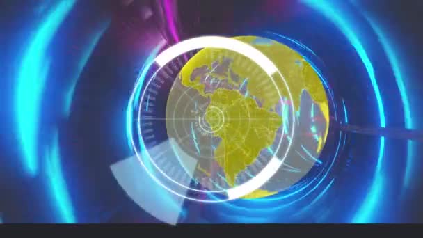 Animatie Van Digitale Interface Met Scope Scanning Globe Spinnen Blauw — Stockvideo