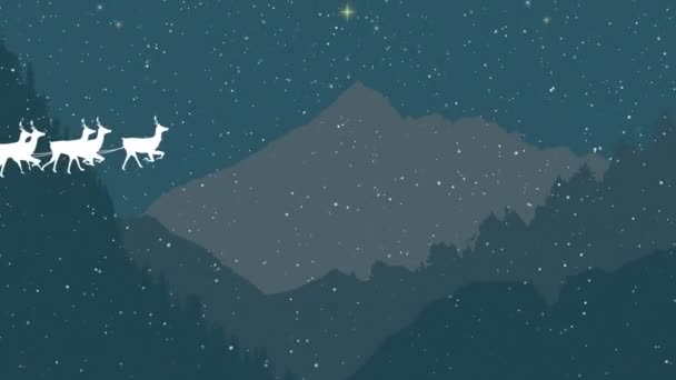 Animace Santa Clause na saních tažených soby se sněhem padajícím přes krajinu s horami. Vánoce a Silvestr oslavy slavnostní koncept digitálně generovaný obraz.