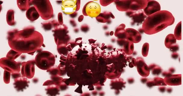 Animación Macrocoronavirus Glóbulos Rojos Con Iconos Emoji Con Máscaras Faciales — Vídeos de Stock