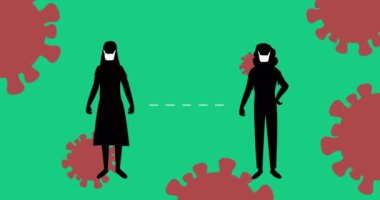 Koronavirüs hücrelerinin animasyonu, yüz maskesi takan insanların yeşil arkaplan üzerinde sosyal mesafeleri olması. Global Coronavirus Covid 19 salgın eğitim konsepti dijital olarak oluşturulmuş görüntü.