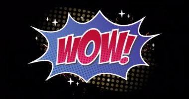 Wow 'un animasyonu, komik retro konuşma balonu üzerinde havai fişekler ve siyah arka planda yıldızlar. Vintage renk ve hareket konsepti dijital olarak oluşturuldu.