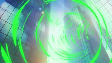 Modern ofis blokları üzerinde yeşil parlayan tünelle dijital arayüzün animasyonu. Küresel teknoloji ve bağlantı ağı konsepti dijital olarak oluşturulmuş görüntü.