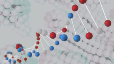 Beyaz köpüren arka planda dönen 3 boyutlu DNA iplikçiklerinin animasyonu. Küresel ağ bilimi tıp konsepti dijital olarak oluşturulmuş görüntü.