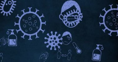 Mavi arka planda maske takmış canlı hücrelerin ve yüzlerin canlandırması. Coronavirus Covid 19 salgın konsepti dijital olarak oluşturulmuş görüntü.