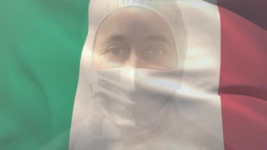 İtalyan bayrağının beyaz kadın bilim adamının yüz maskesi taktığı bir animasyon. Covid-19 Coronavirus Ulusal Sağlık Güvenliği Konsepti Dijital Kompozit