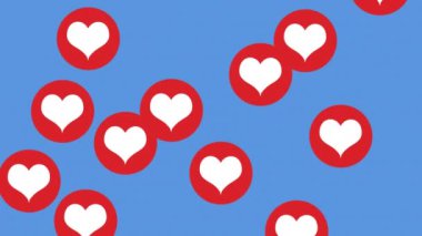 Sosyal medyanın animasyonu. Mavi arka planda birden fazla kalp ikonu ve balon. Küresel sosyal medya Sevgililer Günü konsepti dijital olarak oluşturulmuş görüntü.