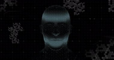 Siyah arkaplan üzerinde bağlantılar ve veri işleme ağı olan 3D parıldayan insan kafası modelinin animasyonu. Küresel tıp bilimi araştırma konsepti dijital olarak oluşturulmuş görüntü.