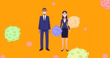 Covid-19 hücrelerinin portakalda sosyal mesafeyi koruyan yüz maskesi takan kadın ve erkeklere karşı canlandırılması. Küresel koronavirüs Covid 19 salgın konsepti dijital olarak oluşturulmuş görüntü.