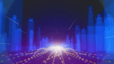 Kapsamlı 5G dijital arayüzün animasyonu 3D üzerinde parlayan mavi şehir manzarasını tarıyor. Dijital olarak oluşturulan küresel bağlantı ağı teknolojisi kavramı.