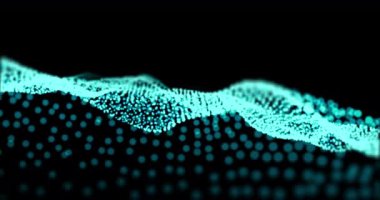 Birden fazla yeşil noktanın animasyonu siyah arkaplanda hipnotik hareketle hareket eden örgüler oluşturuyor. Renk ve hareket kavramı dijital olarak oluşturuldu.