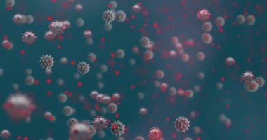 Yüzen Covid 19 hücreli insan kafası modeli ve yeşil arka planda dönen kırmızı DNA ipliği. Küresel koronavirüs Covid 19 salgın konsepti dijital olarak oluşturulmuş görüntü.