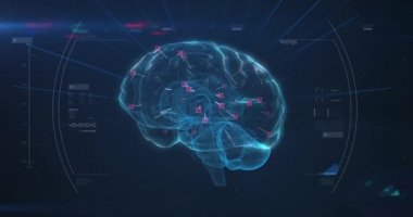 Mavi arka planda bağlantıları ve veri işleme ağı olan 3D mavi insan beyninin animasyonu. Küresel tıp bilimi araştırma konsepti dijital olarak oluşturulmuş görüntü.