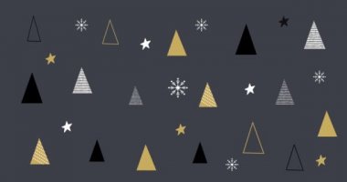 Kıvılcımlar saçan yıldızlar ve gri arka planda Noel ağaçları olan sıra sıra Noel süslerinin animasyonu. Noel mevsimi şenlik konsepti dijital olarak oluşturulmuş görüntü.