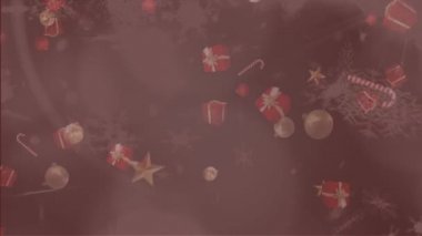 Arka planda birden fazla kar tanesinin ve hediyelerin canlandırılması. Noel kutlaması geleneği dijital olarak oluşturulmuş görüntü konsepti.