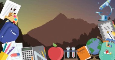 Birden fazla okul eşyası simgesinin animasyonu, arka planda dağlar olan manzarayla kusursuz bir döngü içinde hareket ediyor. Okul kavramına geri dönüş dijital olarak oluşturulmuş arka plan.