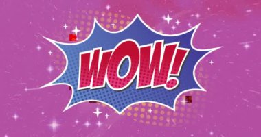 Wow 'un animasyonu! Mor arka planda parlayan yıldızlar olan komik retro konuşma baloncuğu üzerine metin. Vintage renk ve hareket konsepti dijital olarak oluşturuldu.