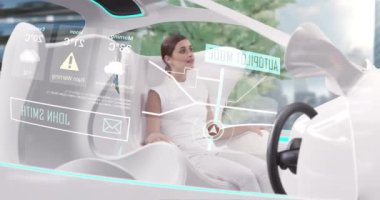 Otomatik pilot modunda beyaz iç mekanlı bir kadının şehirde araba sürüşünün animasyonu. Fütürist mühendislik yapay zeka konsepti Dijital kompozit.