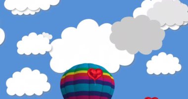 Sıcak hava balonu ve kırmızı kalp balonları mavi arka planda bulutların üzerinde uçuyor. Sevgililer Günü dijital ortamda oluşturulan eğlence konseptini kutluyor.