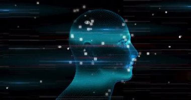 Parlak arkaplanda bağlantılar ve veri işleme ağı olan 3D mavi parlayan insan kafası modeli animasyonu. Küresel tıp bilimi araştırma konsepti dijital olarak oluşturulmuş görüntü.