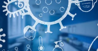 Mavi laboratuvar arka planında maskeyle kaplı Coperid hücrelerinin ve yüzlerin canlandırılması. Coronavirus Covid 19 salgın konsepti dijital olarak oluşturulmuş görüntü.